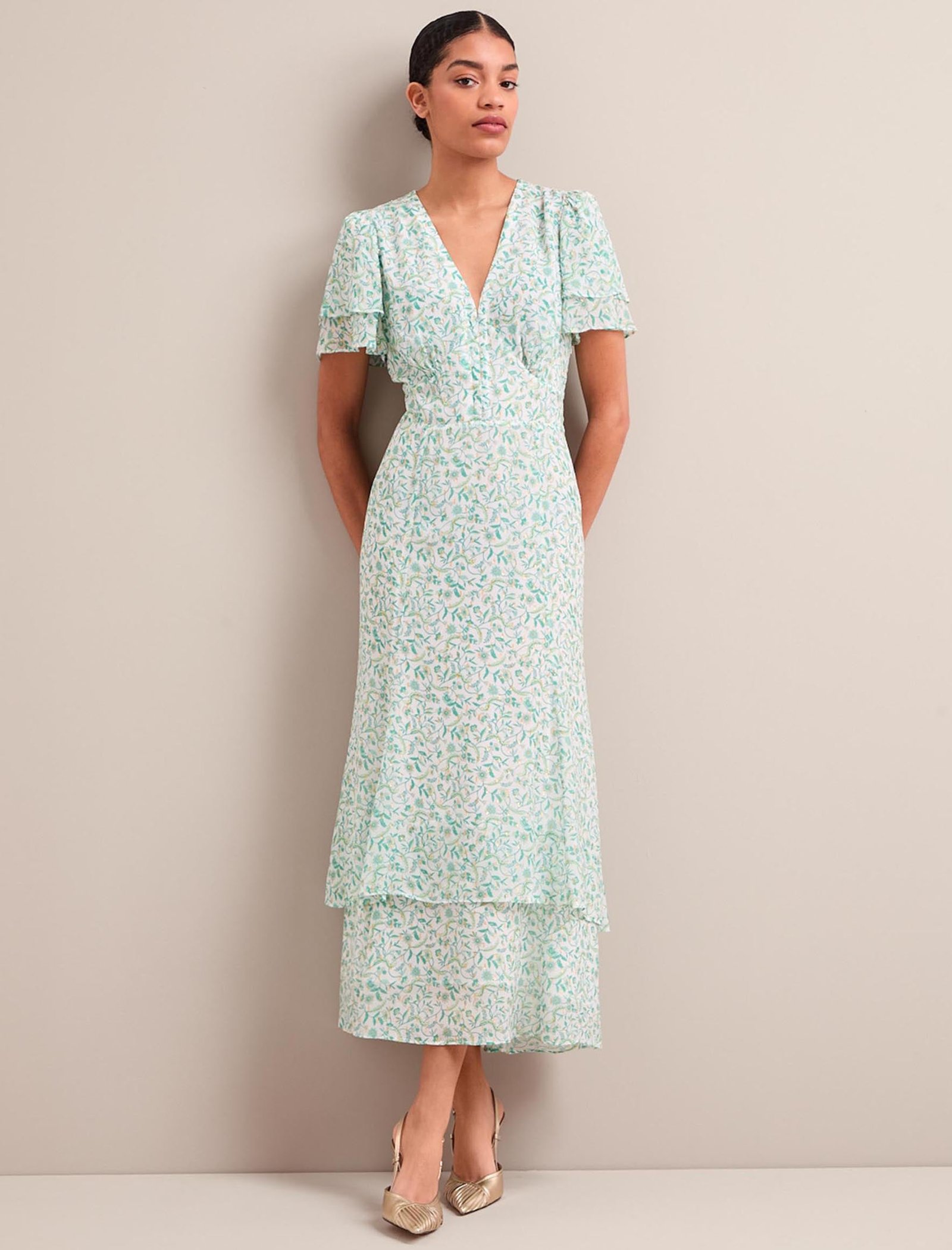 Lotta Gold Metallic Fil Coupé Maxi Dress - Green Yellow Trailing Feather Print - Image 3