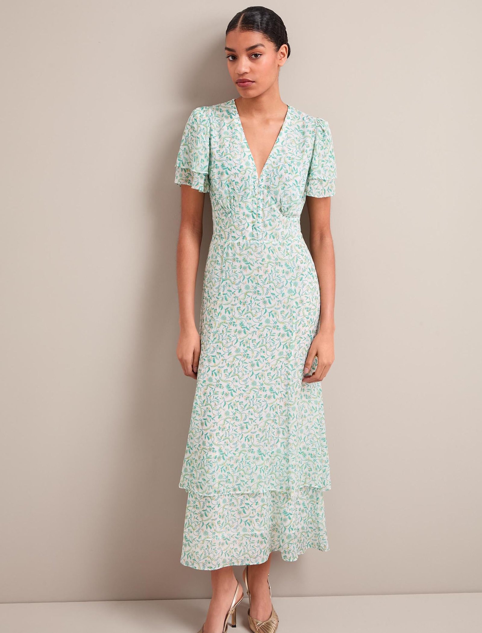 Lotta Gold Metallic Fil Coupé Maxi Dress - Green Yellow Trailing Feather Print - Image 7