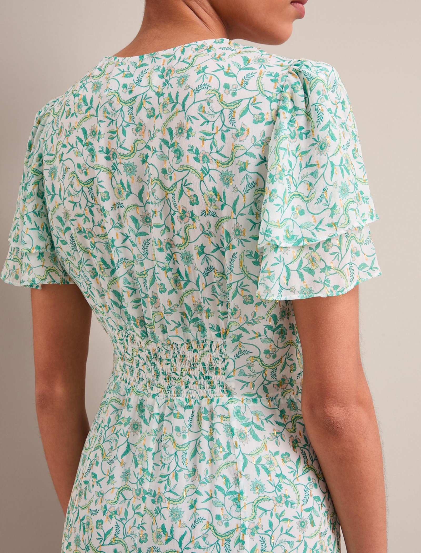 Lotta Gold Metallic Fil Coupé Maxi Dress - Green Yellow Trailing Feather Print - Image 8