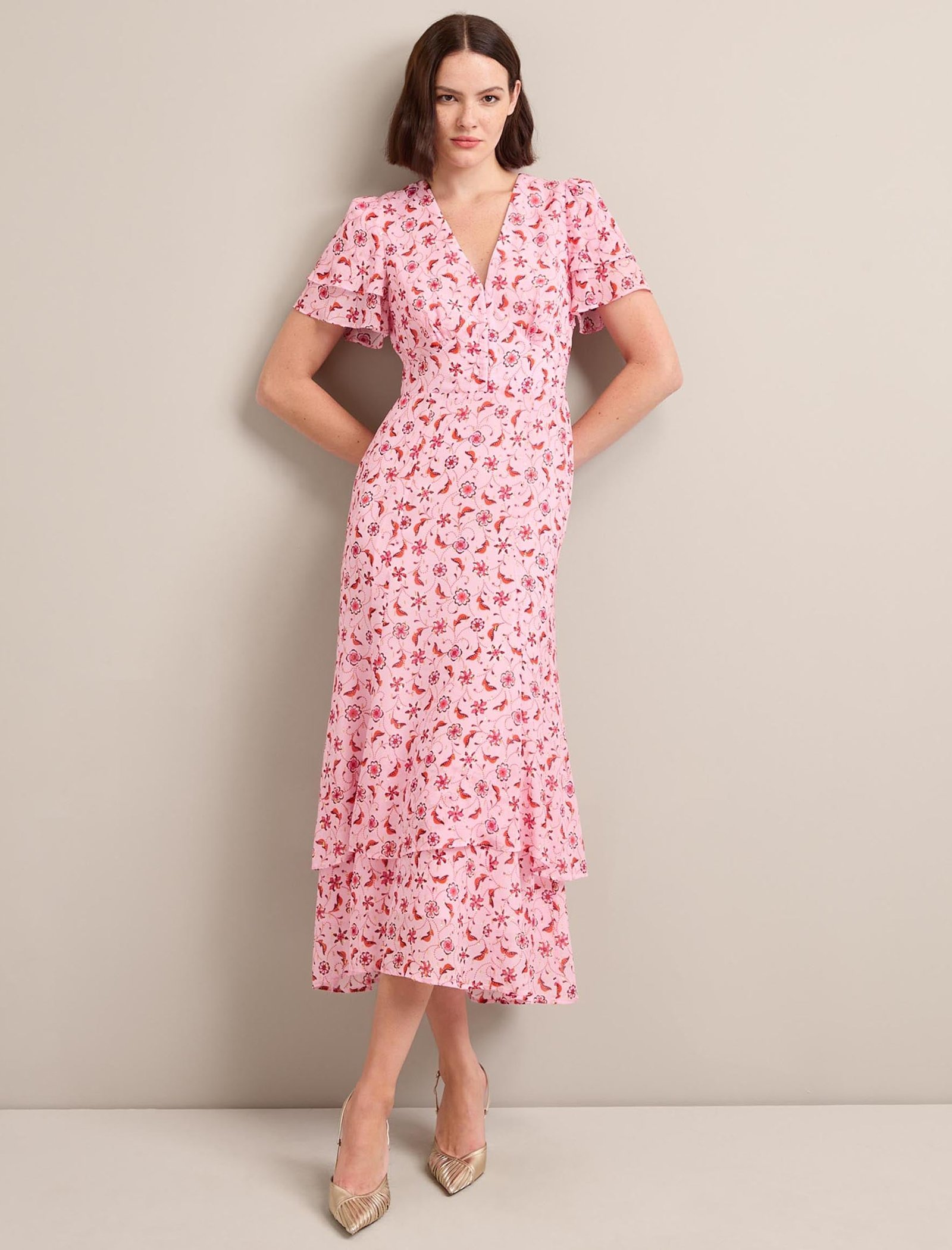 Lotta Gold Metallic Fil Coupé Maxi Dress - Pink Floral Trellis Print - Image 4