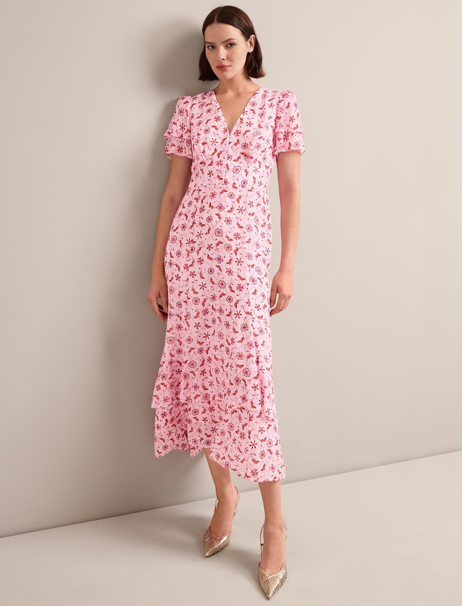 Lotta Gold Metallic Fil Coupé Maxi Dress - Pink Floral Trellis Print