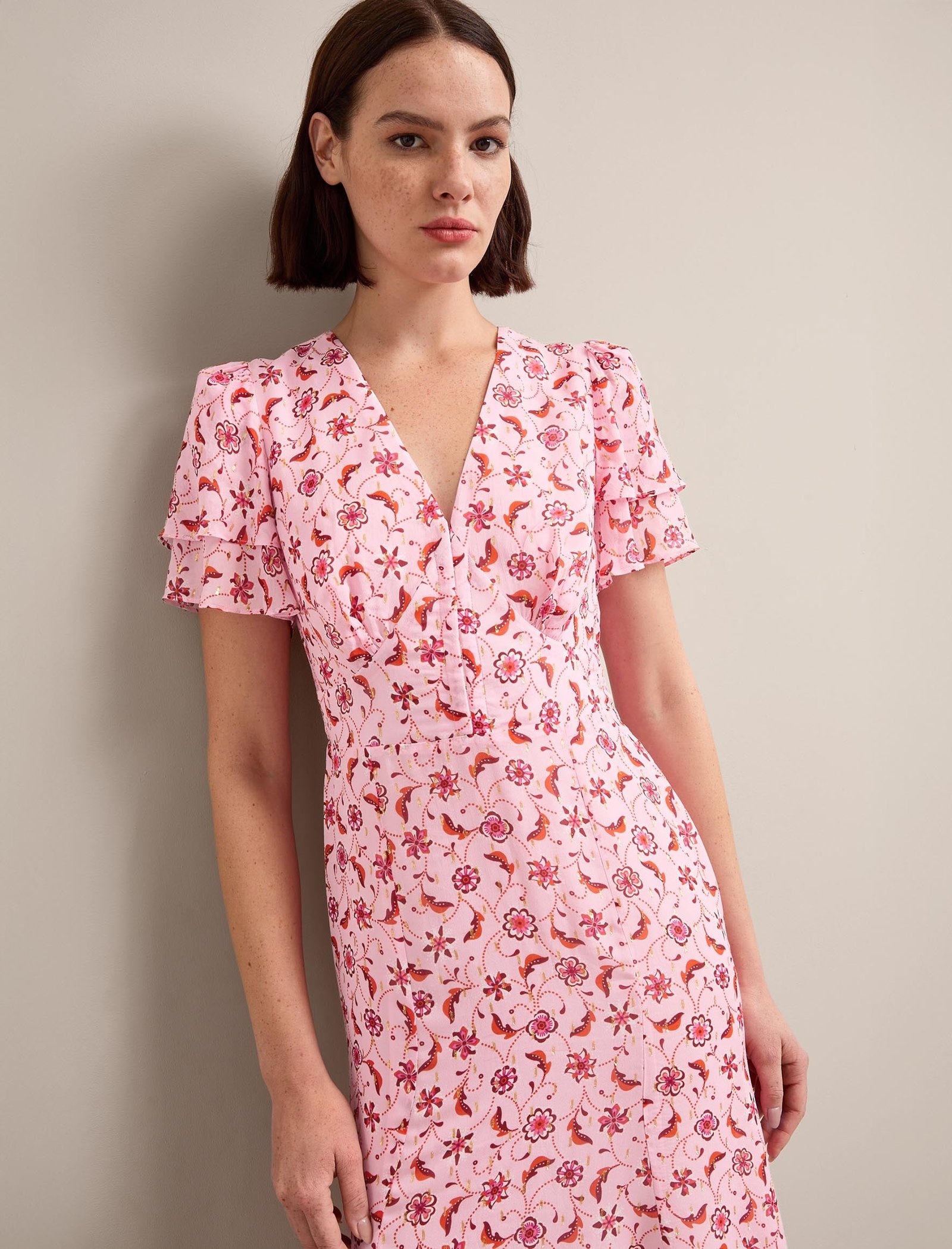 Lotta Gold Metallic Fil Coupé Maxi Dress - Pink Floral Trellis Print - Image 5