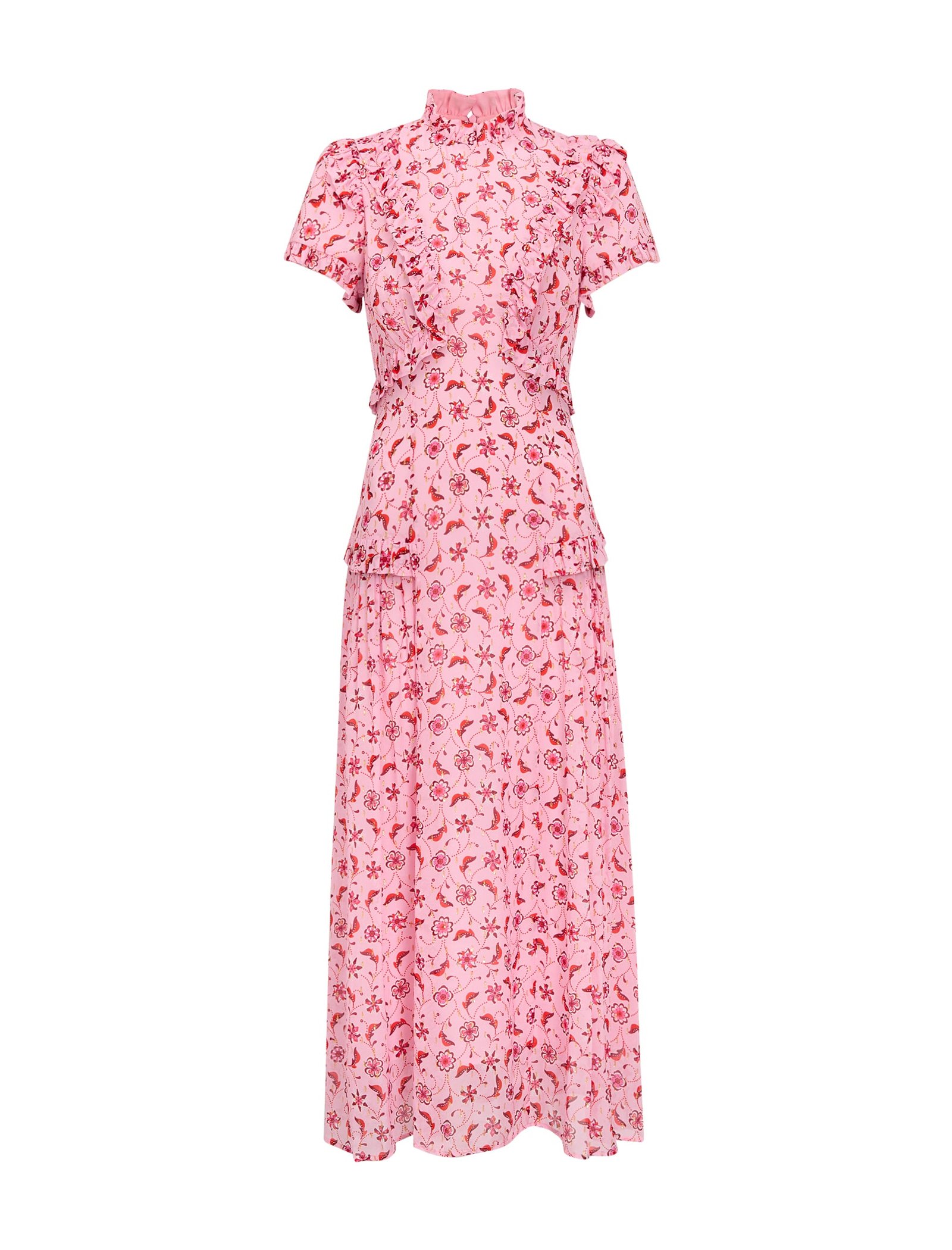 Mirabel Gold Metallic Fil Coupé Maxi Dress - Pink Floral Trellis Print - Image 11