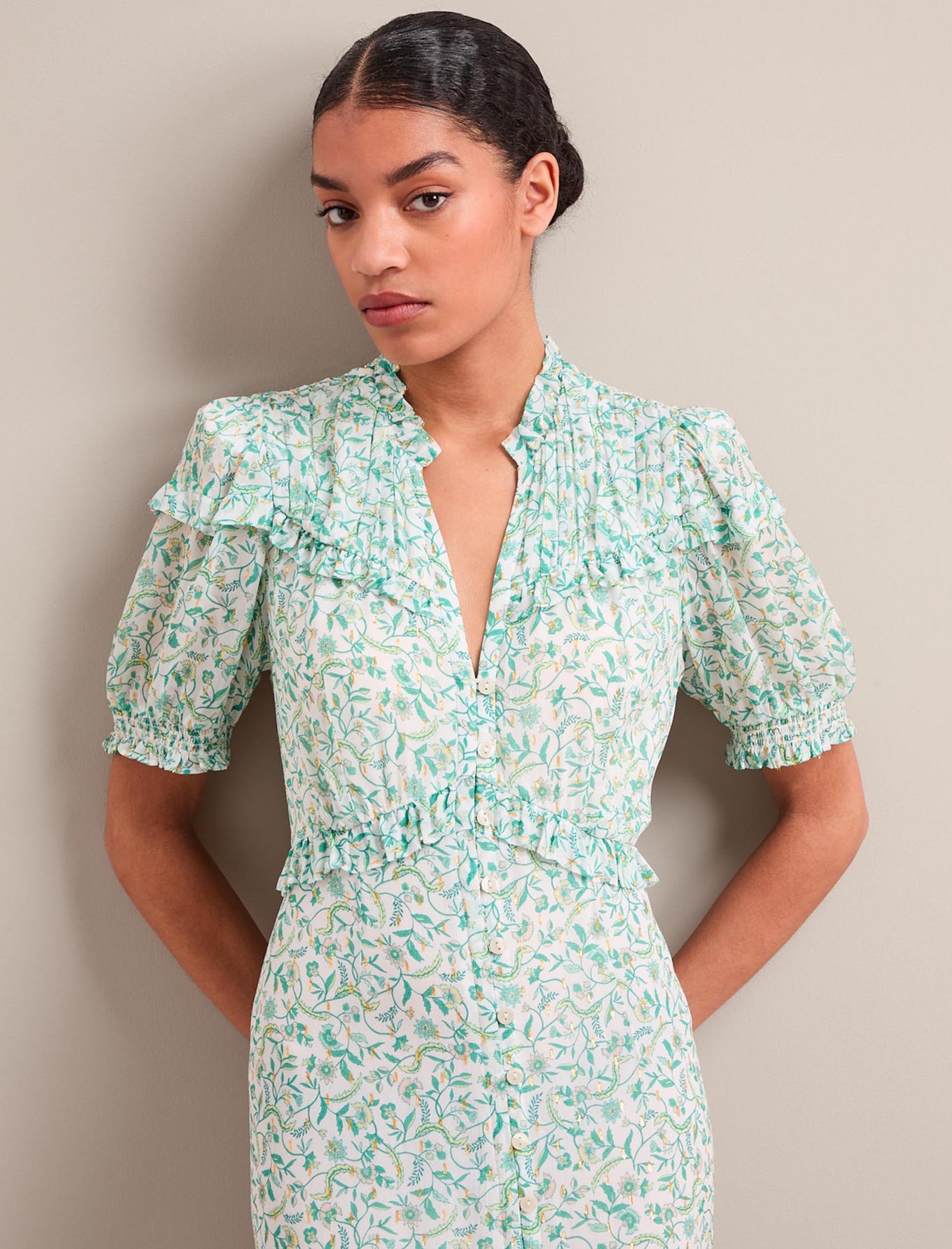 Viola Gold Metallic Fil Coupé Midi Dress - Green Yellow Trailing Feather Print - Image 2