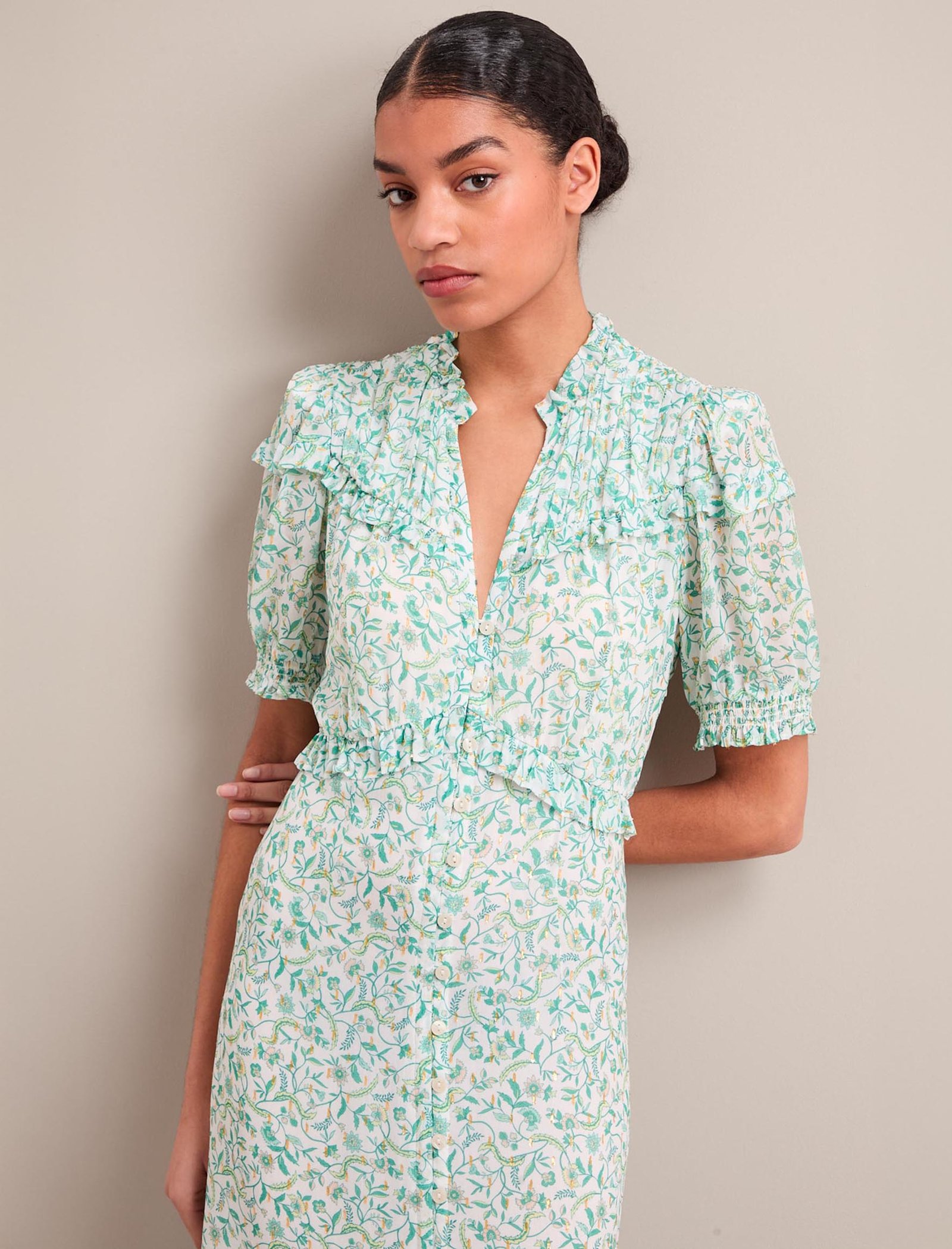 Viola Gold Metallic Fil Coupé Midi Dress - Green Yellow Trailing Feather Print - Image 5