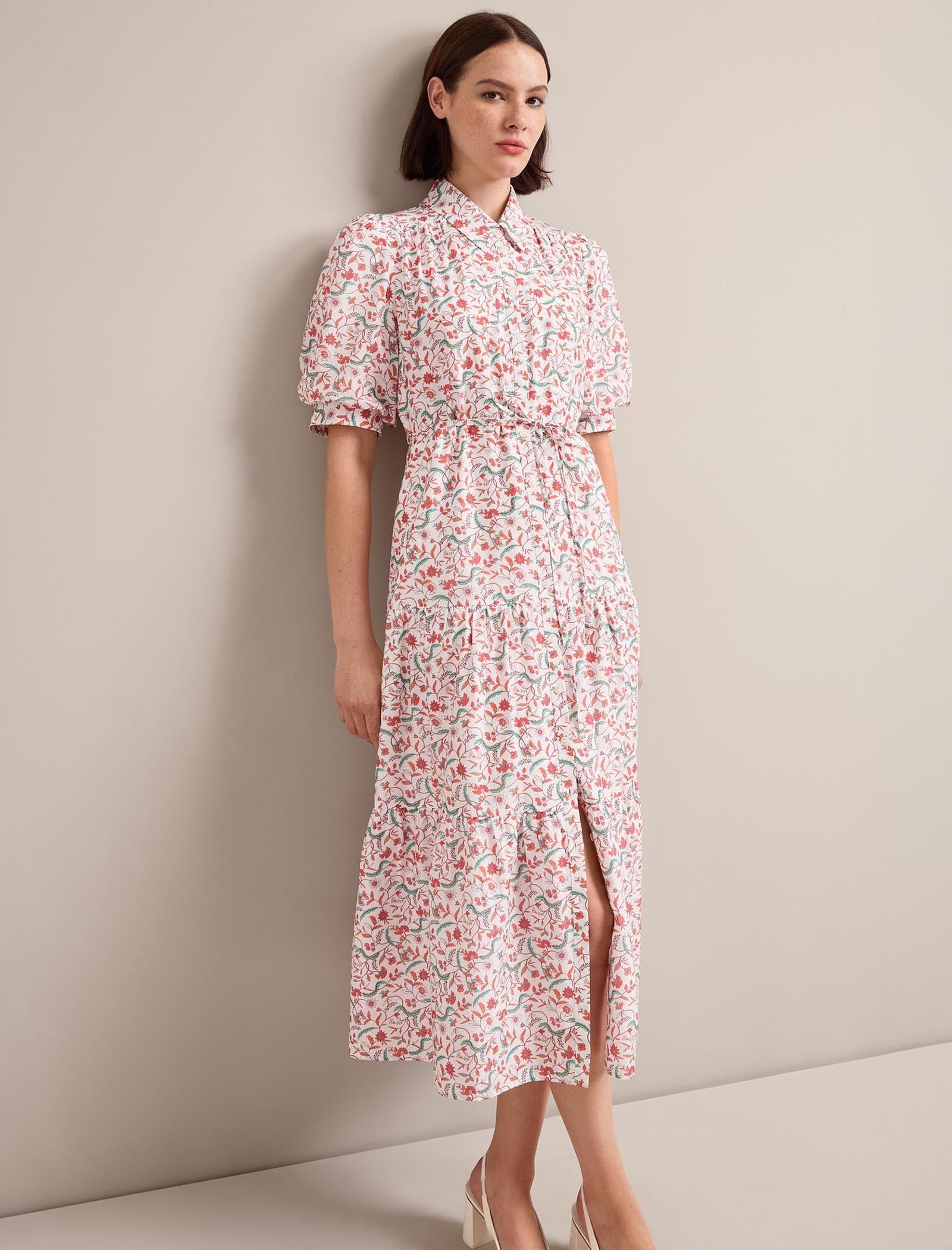 Poppy Silk Blend Maxi Dress - Red Trailing Feather Print - Image 4